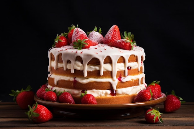 Delicious cake with glaze and strawberries