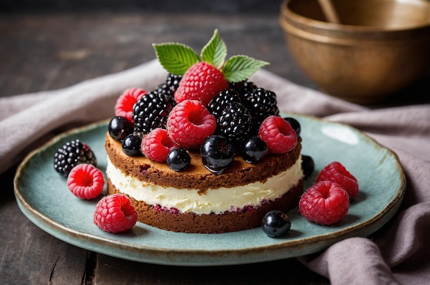 Delicious cake with raspberries and blackberries