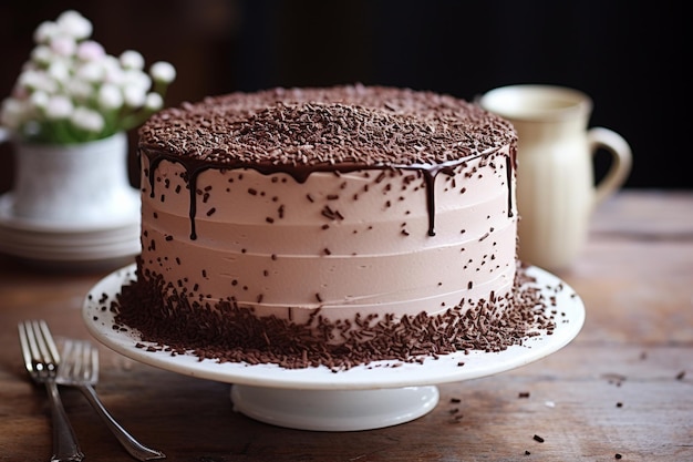 Delicious cake with white and brown chocolate swirly with flowers and blackberries on a table