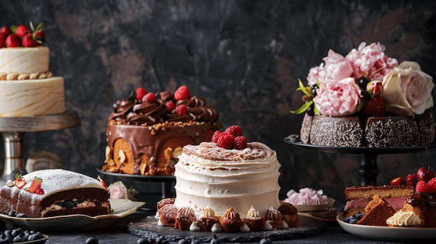 Delicious Cakes with Strawberries Raspberries and Flowers