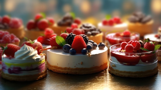 Delicious cakes with a variety of frostings and fresh fruits on a beautifully set table AI Generated