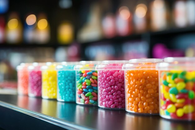 Photo delicious candy array a vibrant showcase of tempting sweets at the colorful store counter