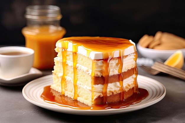 Delicious Caramel Cake on Table Baked Brown Layers of Cake with Caramel and Cream on Top Perfect