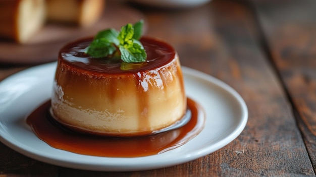 Photo delicious caramel flan with mint