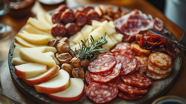 Photo delicious ceramic platter featuring chorizo gouda chinese chestnuts and fresh apple slices