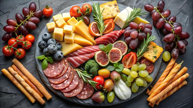 Photo delicious charcuterie board with fresh fruits assorted meats and cheese arranged on a slate platte