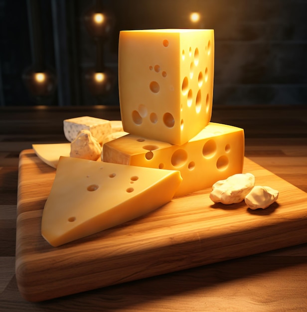 delicious cheese on a cutting plate board wood table Diversity of cheese types