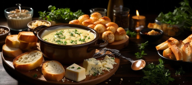 delicious cheese fondue on a clay plate Generative AI