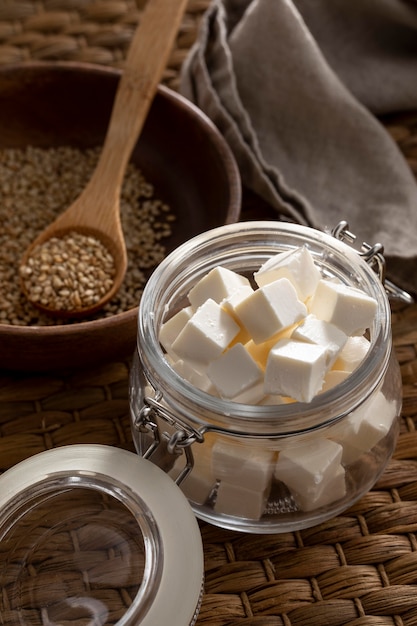 Delicious cheese in jar