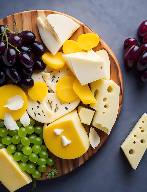 Delicious Cheese Photography Flat Lay Mix with Grapes and Copy Space