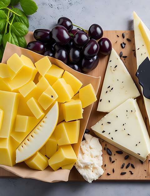 Delicious Cheese Photography Flat Lay Mix with Grapes and Copy Space