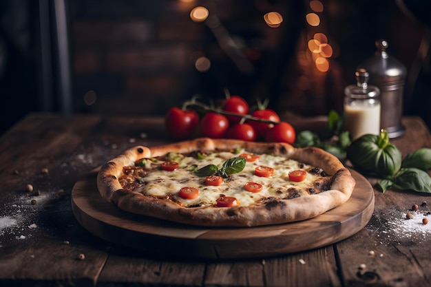 Delicious cheese pizza on blur bokeh background