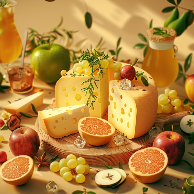 Photo delicious cheese slices surrounded with fresh fruits and fancy drinks