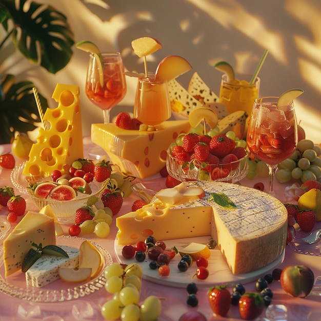 Photo delicious cheese slices surrounded with fresh fruits and fancy drinks