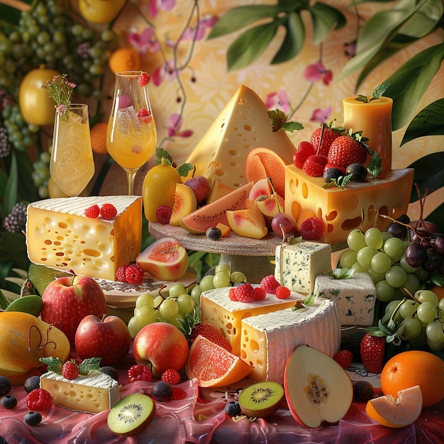 Photo delicious cheese slices surrounded with fresh fruits and fancy drinks