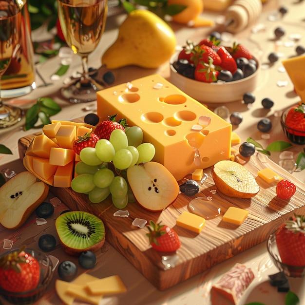 Photo delicious cheese slices surrounded with fresh fruits and fancy drinks