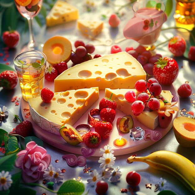 Photo delicious cheese slices surrounded with fresh fruits and fancy drinks