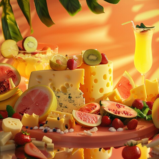 Photo delicious cheese slices surrounded with fresh fruits and fancy drinks