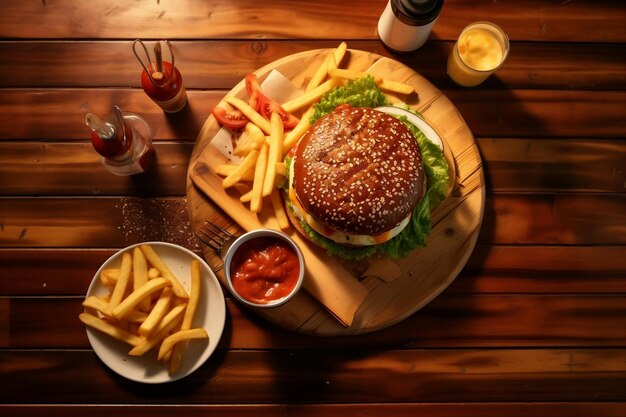 Delicious Cheeseburger and Fries Arranged on Wooden Table at BBQ Generative AI