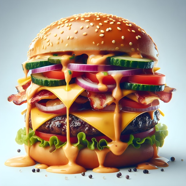 Delicious cheeseburger loaded with a variety of ingredients set against a clean white background