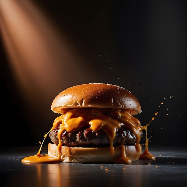 Photo a delicious cheeseburger with dark fantasy background