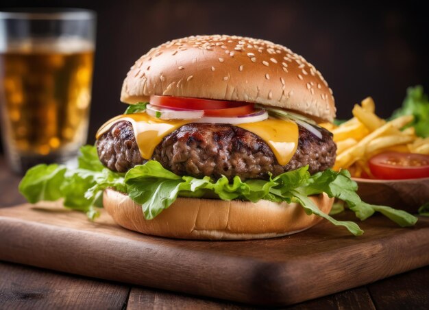 Delicious cheeseburger with fresh vegetables and juice on a dark background