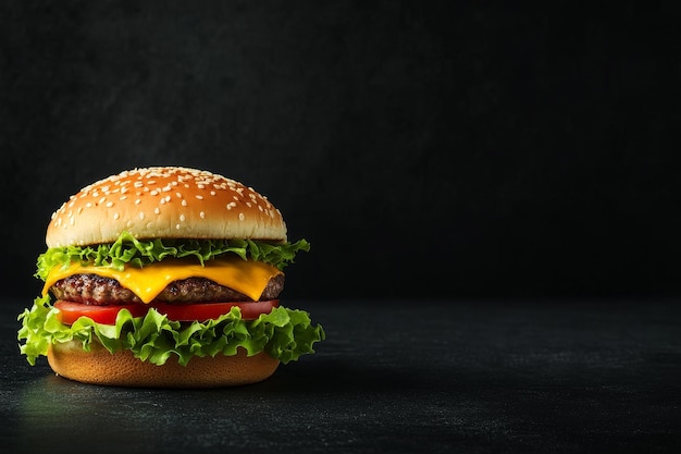 A delicious cheeseburger with lettuce and tomato on a dark background