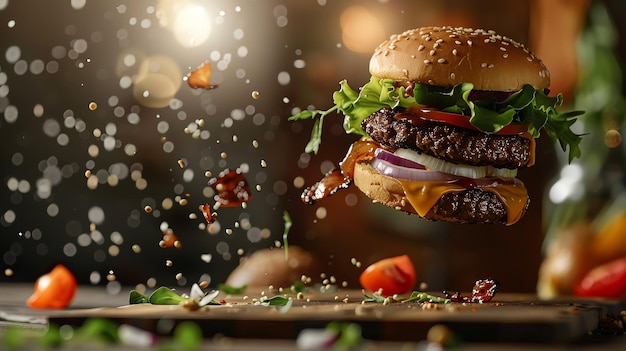 A delicious cheeseburger with lettuce tomato onion and bacon is suspended in midair