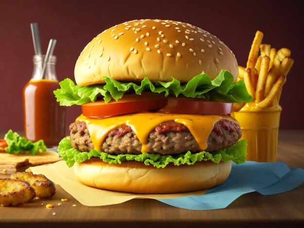 delicious cheeseburger with sauce and fast food background