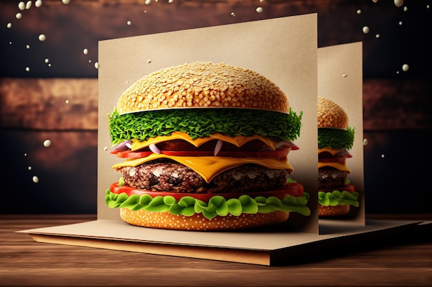 Delicious cheeseburgers with a beef patty cheese fresh lettuce onion and tomato on buns with sesame seeds perched on top of brown paper on a hardwood tables with copyspace are presented in a tower