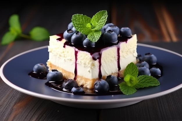 Delicious cheesecake with blueberry and mint on plate closeup