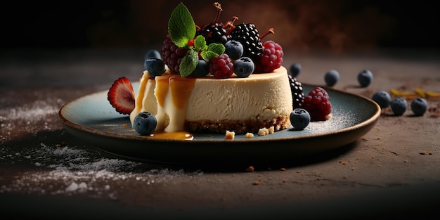 delicious cheesecake with fresh berries on a plate with blurred background