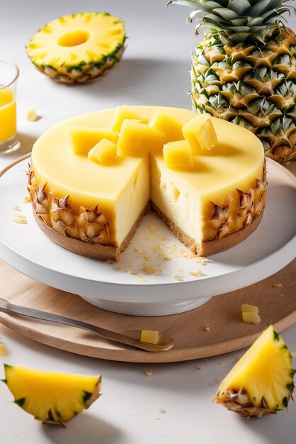 Photo a delicious cheesecake with pineapple sauce in colored background healthy idea