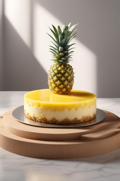 Photo a delicious cheesecake with pineapple sauce in colored background healthy idea