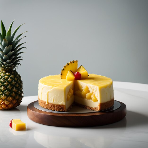 Photo a delicious cheesecake with pineapple sauce in colored background healthy idea