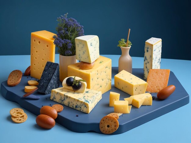 Delicious cheeses are on a table