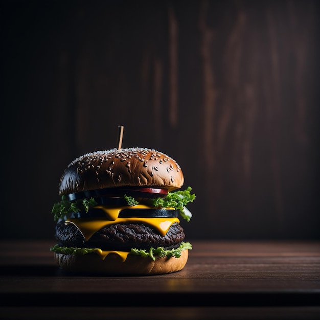 A delicious cheesy chicken burger on a wooden table