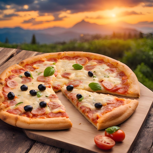 Delicious Cheesy Pizza on Platter with Beautiful Background