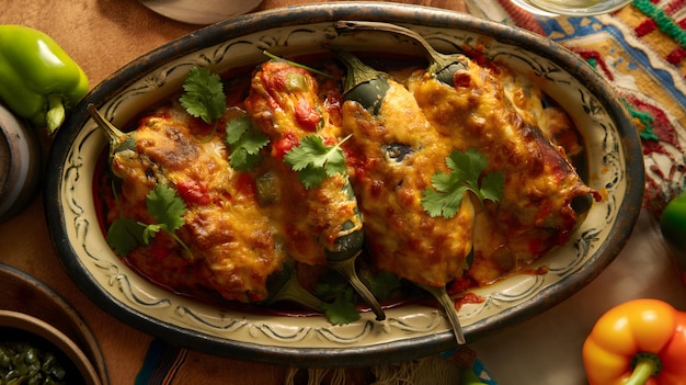 Delicious Cheesy Stuffed Bell Peppers in Tomato Sauce on Wooden Table