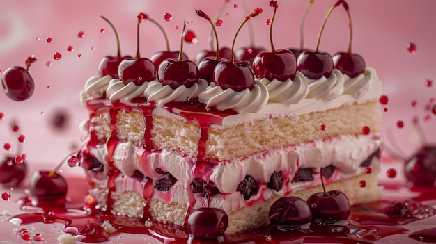 Delicious Cherry Layer Cake with Whipped Cream and Dripping Syrup on Pink Background for Dessert