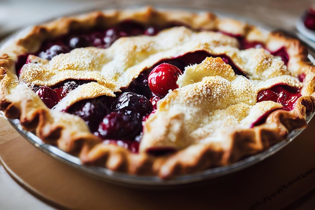 Delicious cherry pie with golden layers of dough in form of decoration on top