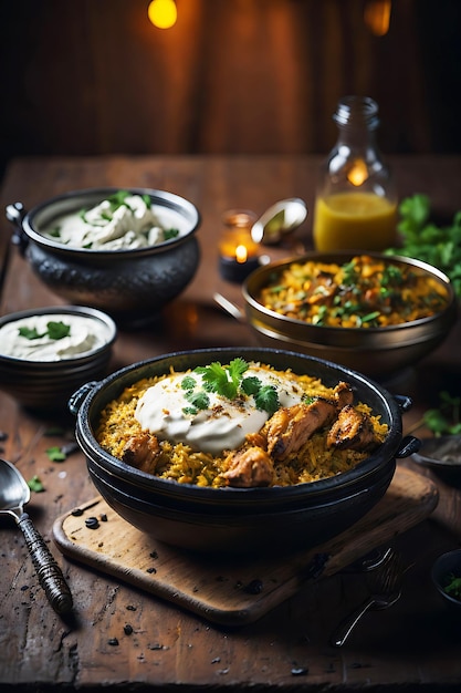 a delicious chicken biriyani accompanied