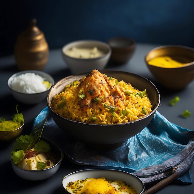 a delicious chicken biriyani accompanied