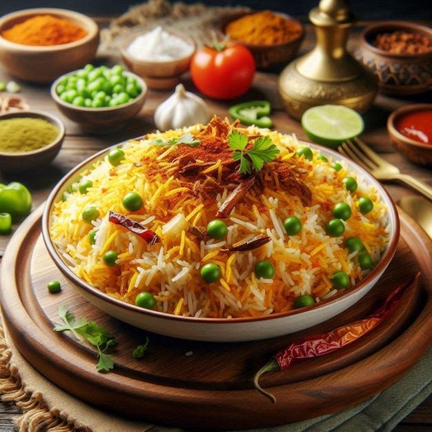 Delicious chicken biryani on a wood board with vintage style background