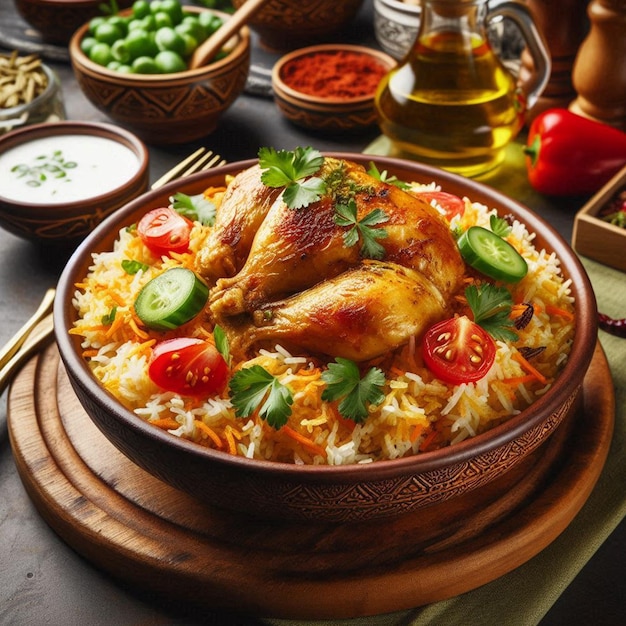 Delicious chicken biryani on a wood board with vintage style background