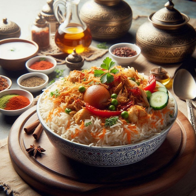 Delicious chicken biryani on a wood board with vintage style background