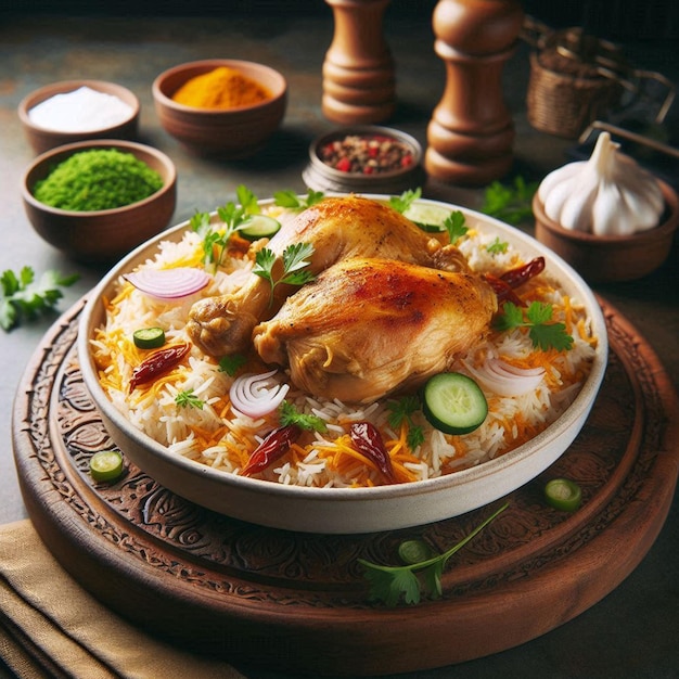 Delicious chicken biryani on a wood board with vintage style background