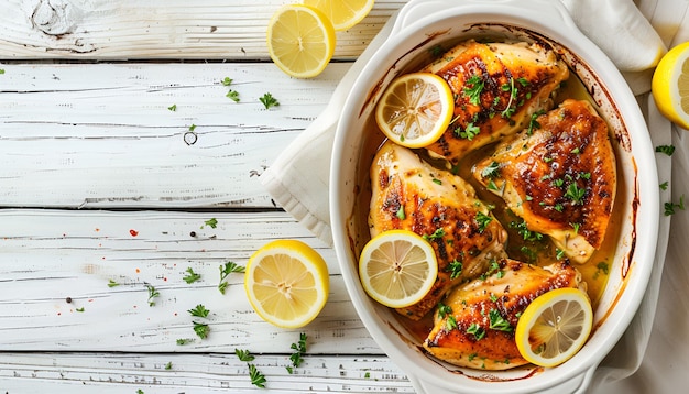 Photo delicious chicken breasts with lemon in baking dish on table