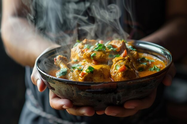 Photo delicious chicken curry bowl with aromatic steam culinary concept