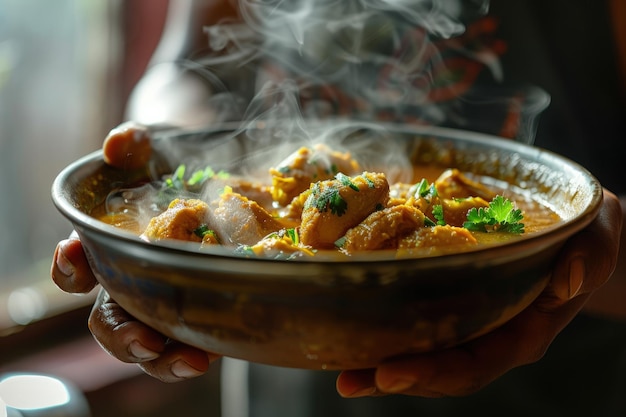 Delicious Chicken Curry Bowl with Aromatic Steam Culinary Concept